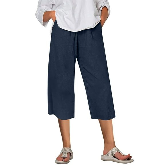 Lenpel Capri Pants for Women Lightweight Elastic High Waisted Wide Leg Cropped Pants Summer Casual Trousers with Pockets