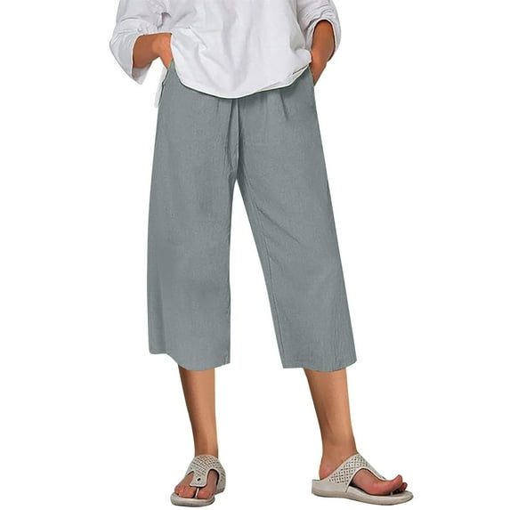 Lenpel Capri Pants for Women Lightweight Elastic High Waisted Wide Leg Cropped Pants Summer Casual Trousers with Pockets