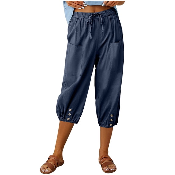 Lenpel Capri Pants for Women Loose Elastic High Waisted Tapered Beach Travel Cropped Pants Lightweight Casual Capris Trousers