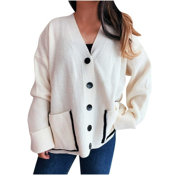 Lenpel Cardigan Sweaters for Women Casual Loose V Neck Long Sleeve Button down Sweater Jackets Knit Outwear Coats with Pockets(White,Large)