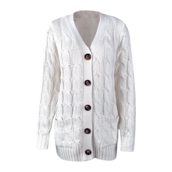 Lenpel Cardigan Sweaters for Women Long Sleeve Cable Knit Fall Outwear Loose Button down Coats with Pockets