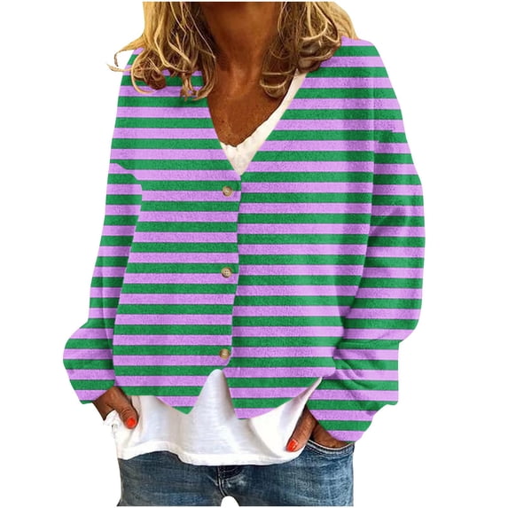 Lenpel Cardigan Sweaters for Women Long Sleeve V Neck Button down Striped Jackets Loose Casual Outwear