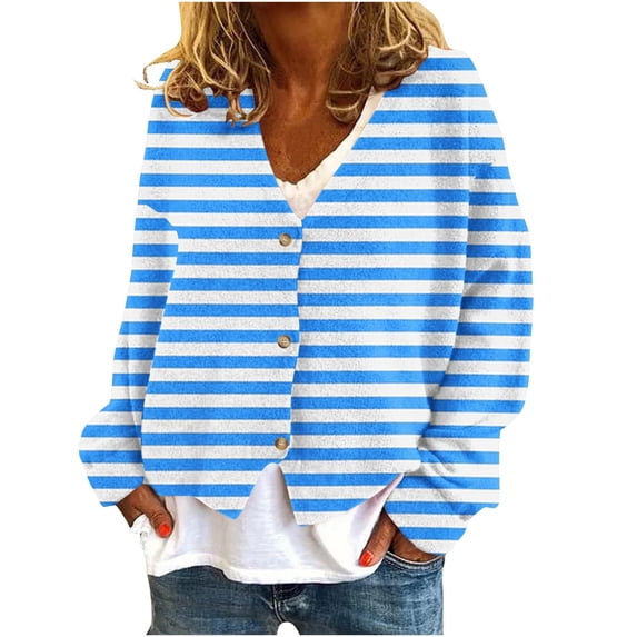 Lenpel Cardigan Sweaters for Women Long Sleeve V Neck Button down Striped Jackets Loose Casual Outwear
