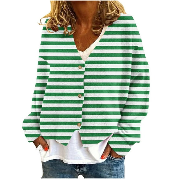 Lenpel Cardigan Sweaters for Women Long Sleeve V Neck Button down Striped Jackets Loose Casual Outwear