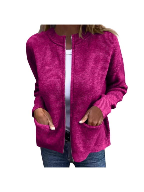 Cardigan Sweaters for Women Zip up Crew Neck Long Sleeve Ribbed Knit Coats Fall Fashion Jackets with Pockets