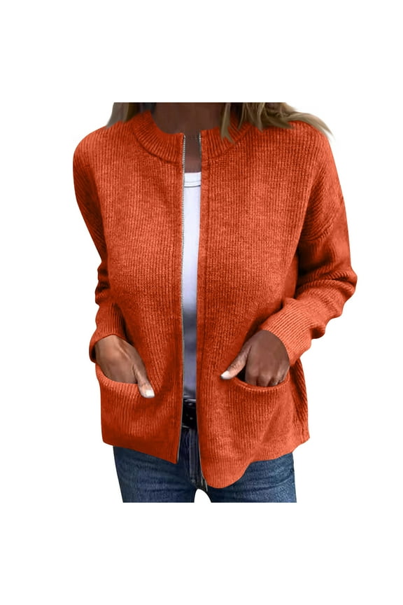 Cardigan Sweaters for Women Zip up Crew Neck Long Sleeve Ribbed Knit Coats Fall Fashion Jackets with Pockets