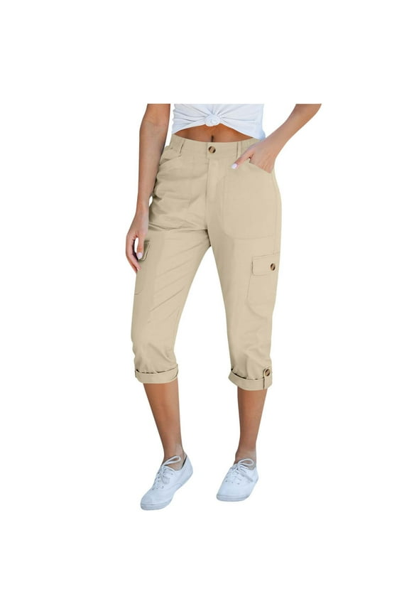 Cargo Capri Pants for Women Elastic Waist High Rise Twill Cropped Pants Lightweight Casual Capris with Pockets