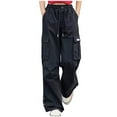 thumbnail image 1 of Lenpel Cargo Pants for Girls High Elastic Waist Drawstring Wide Leg Pants Lightweight Casual Trousers with Pockets, 1 of 3