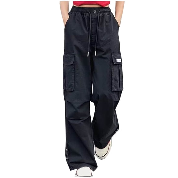 Lenpel Cargo Pants for Girls High Elastic Waist Drawstring Wide Leg Pants Lightweight Casual Trousers with Pockets