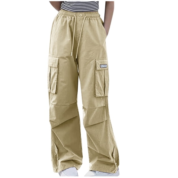 Lenpel Cargo Pants for Girls High Elastic Waist Drawstring Wide Leg Pants Lightweight Casual Trousers with Pockets