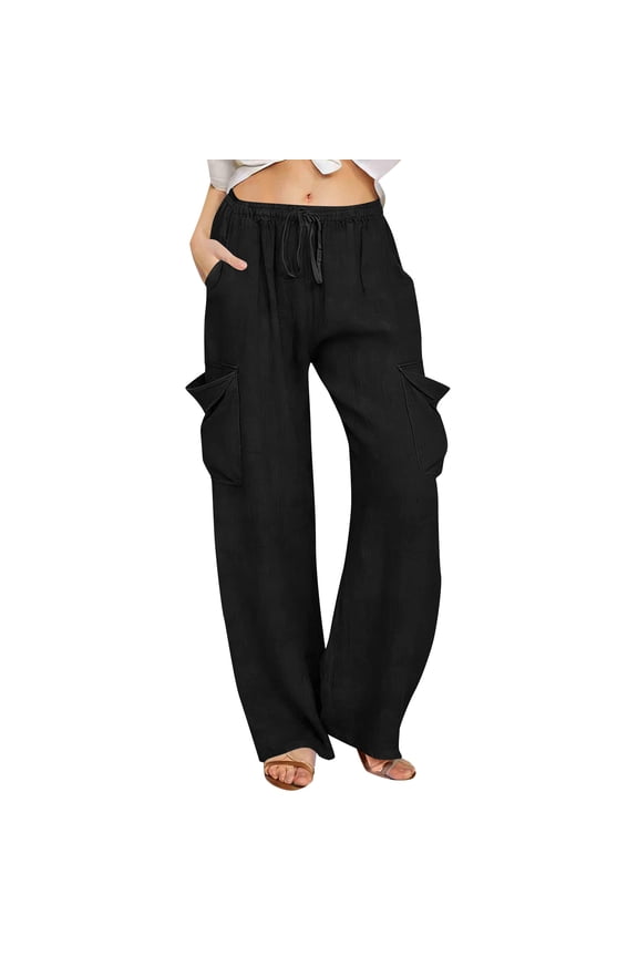 Cargo Pants for Women Casual Drawstring Elastic Waist Wide Leg Palazzo Trousers Summer Travel Pant with Pockets