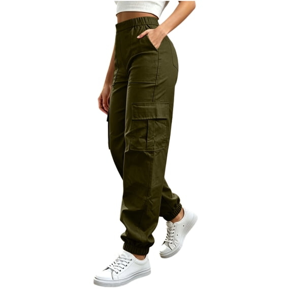 Lenpel Cargo Pants for Women Casual Loose Elastic Waisted Joggers with Pockets Loose Solid Color Workout Trousers(Army Green,Small)