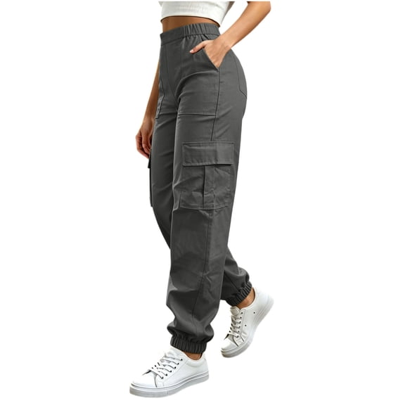Lenpel Cargo Pants for Women Casual Loose Elastic Waisted Joggers with Pockets Loose Solid Color Workout Trousers(Dark Gray,Small)