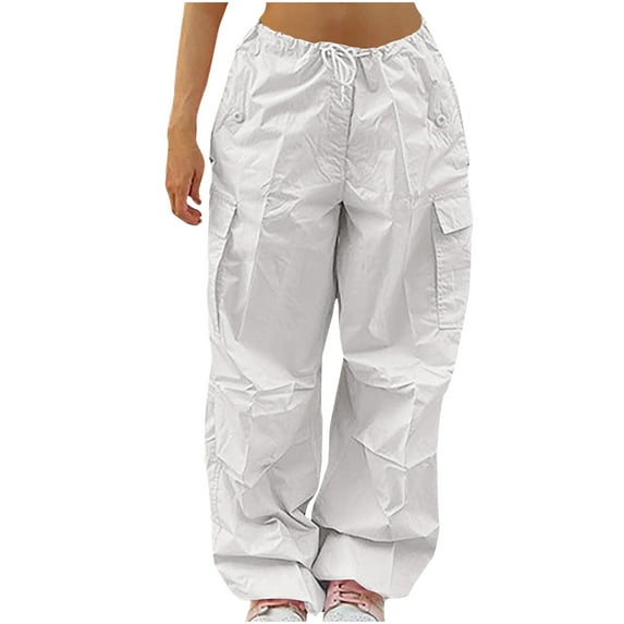 Lenpel Cargo Pants for Women Elastic High Waisted Drawstring Quick Dry Wide Leg Travel Hiking Pants Athletic Casual Trousers(White,X-Large)