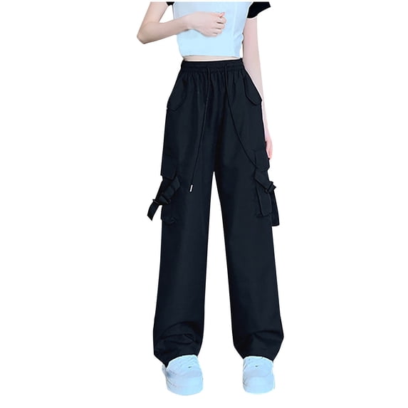 Lenpel Cargo Pants for Women Elastic High Waisted Drawstring Wide Leg Travel Pants Streetwear Casual Trousers with Pockets(Black,Large)