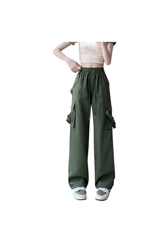 Cargo Pants for Women Elastic High Waisted Drawstring Wide Leg Travel Pants Streetwear Casual Trousers with Pockets(Green,Small)