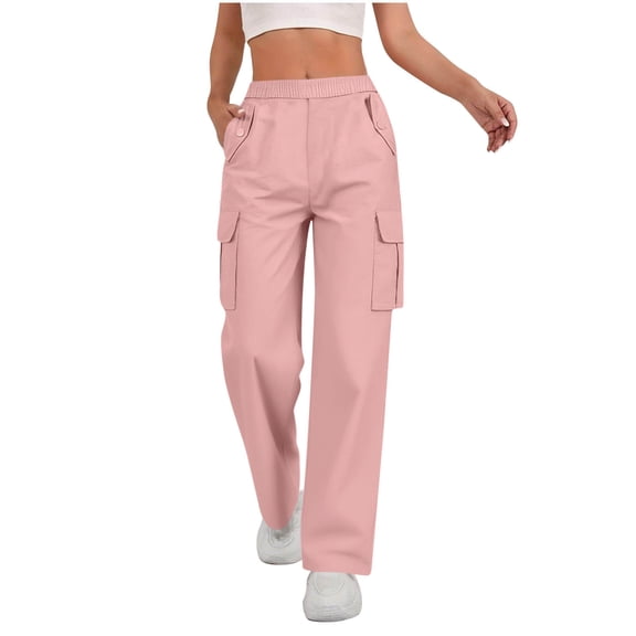 Lenpel Cargo Pants for Women Elastic High Waisted Pull on Straight Leg Casual Pants Loose Streetwear Trousers with Pockets(Pink,Large)