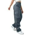 thumbnail image 1 of Lenpel Cargo Pants for Women Elastic High Waisted Twill Wide Leg Pants Hiking Streetwear Casual Trousers with Pockets(Navy,XX-Large), 1 of 7