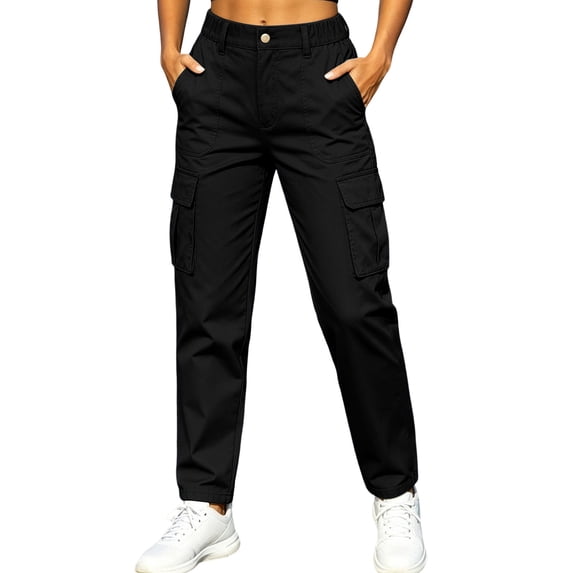 Lenpel Cargo Pants for Women Fall Fashion Button Elastic Waist Outdoor Trousers with Pockets Plain Straight Leg Work Pants(Black,XX-Large)