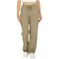 thumbnail image 1 of Lenpel Cargo Pants for Women Loose Elastic High Waisted Drawstring Straight Leg Twill Hiking Pants Travel Casual Trousers(Khaki,Small), 1 of 7