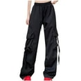 thumbnail image 1 of Lenpel Cargo Pants for Women Trendy High Waisted Drawstring Wide Leg Trousers Baggy Streetwear Casual Pants with Pockets, 1 of 3
