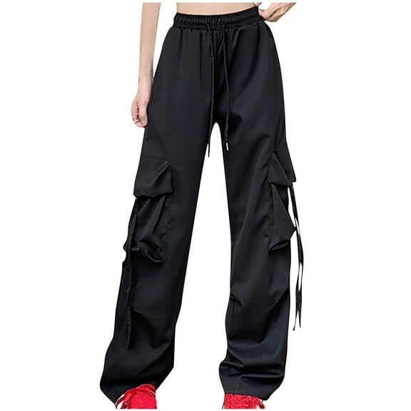 Lenpel Cargo Pants for Women Trendy High Waisted Drawstring Wide Leg Trousers Baggy Streetwear Casual Pants with Pockets