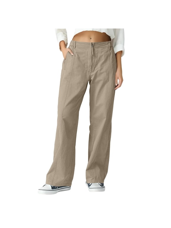 Cargo Pants for Women Zipper Mid Rise Wide Leg Baggy Trousers Casual Loose Hiking Pants with Pockets
