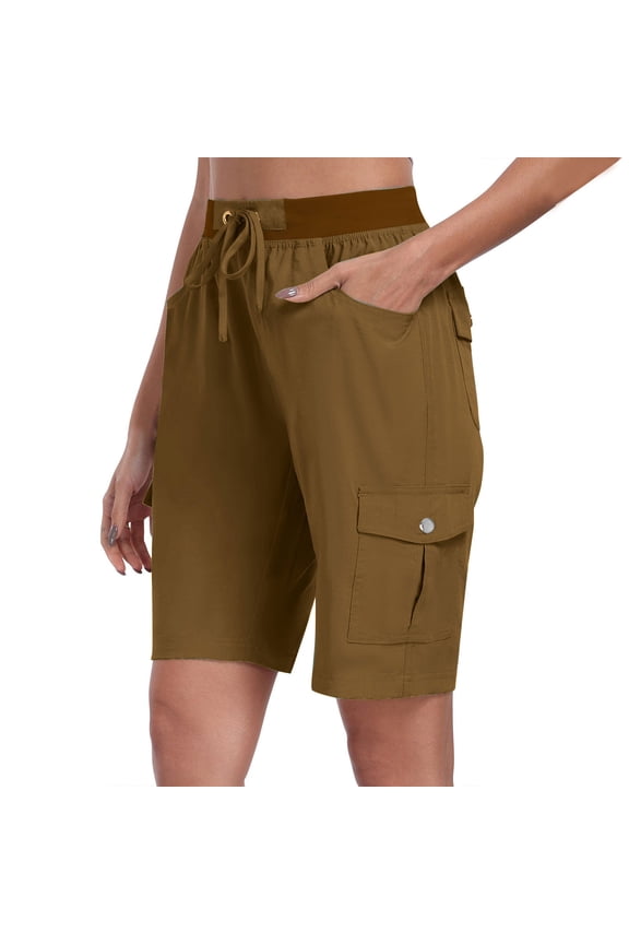 Cargo Shorts for Women Elastic High Waisted Drawstring Knee Length Bermuda Shorts Hiking Casual Shorts