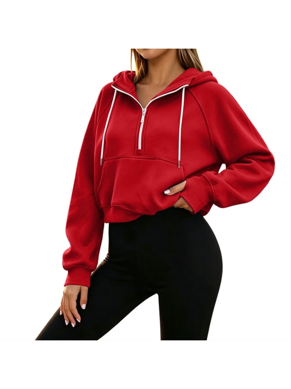Casual Cropped Sweatshirts for Women Fall Half Zip Long Sleeve Pullover Fashion Drawstring Solid Color Comfy Tops with Pockets(Red,Small)