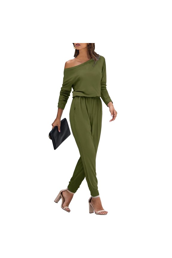 Casual Jumpsuits for Women Crew Neck Long Sleeve Drawstring Waisted Overalls Tapered Leg Lounge Rompers