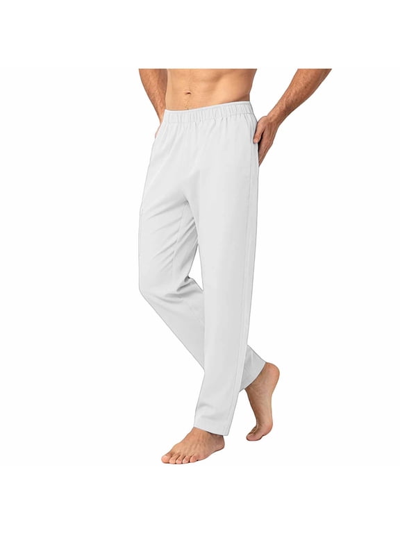 Casual Pants for Men Plain Elastic Waist Lightweight Lounge Pants Comfy Loose Trousers with Pocket Fall Clothes(White,X-Large)