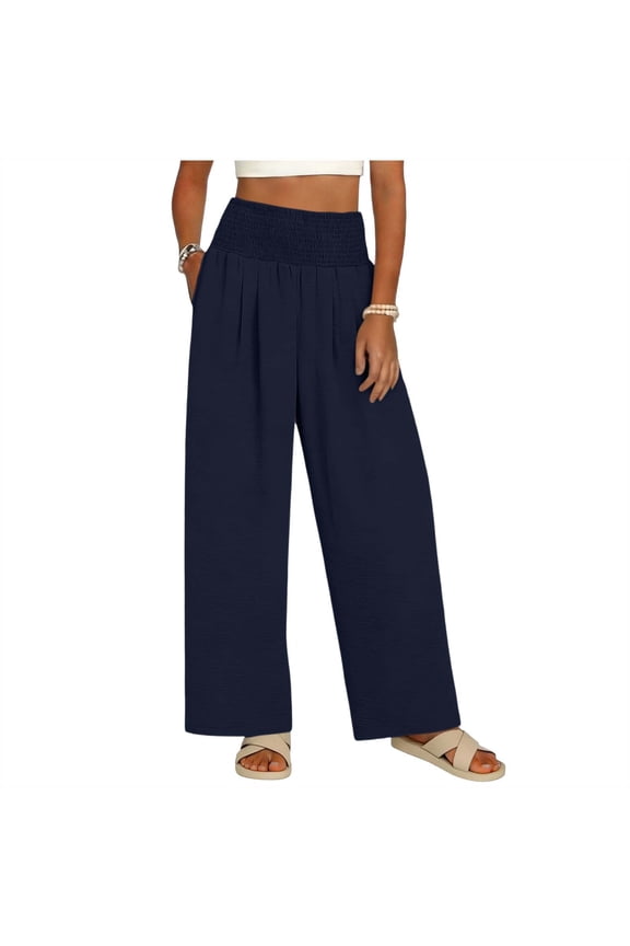 Casual Pants for Women Elastic High Waisted Pull on Pleated Wide Leg Pants Baggy Casual Trousers with Pockets