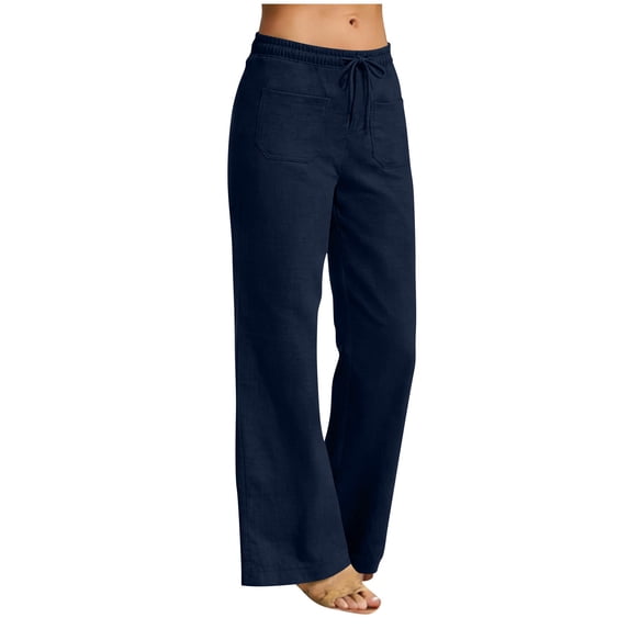 Lenpel Casual Pants for Women Mid Rise Elastic Waist Drawstring Wide Leg Pants Loose Fit Beach Trousers with Pockets