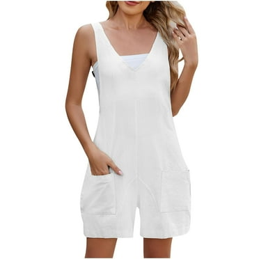 Lenpel Casual Rompers for Women Summer Sleeveless Adjustable Strap V Neck Jumpsuits Loose Short Overalls with Pockets