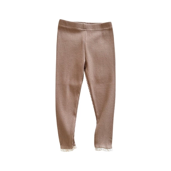 Lenpel Children Girls Leggings Fall Ribbed Knit Elastic Waist Kids Trousers Casual Solid Color Lace Hem Pants with Pockets(Brown,2-3 Years)