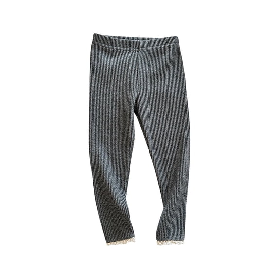 Lenpel Children Girls Leggings Fall Ribbed Knit Elastic Waist Kids Trousers Casual Solid Color Lace Hem Pants with Pockets(Dark Gray,7-8 Years)