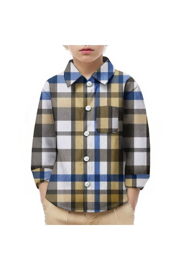Children's Button down Shirts Girls Boys Long Sleeve Collared Curved Hem Plaid Tops Infant Newborn Clothes(Yellow,5-6 Years)