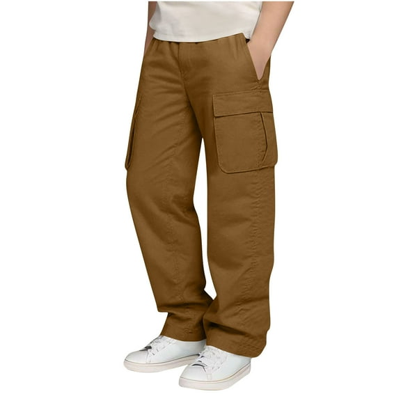 Lenpel Children's Cargo Pants Boys Girls Elastic Waist Pull on Athletic Hiking Pants Loose Travel Casual Trousers with Pockets(Brown,12-13 Years)