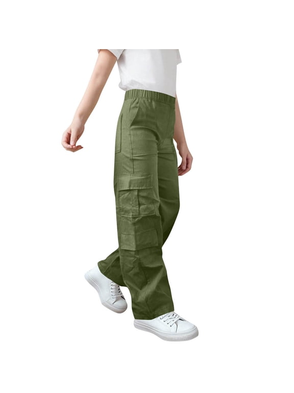 Children's Cargo Pants Unisex Girls Boys Elastic Waist Straight Leg Pull on Pants Casual Loose Trousers with Pockets(Army Green,7-8 Years)
