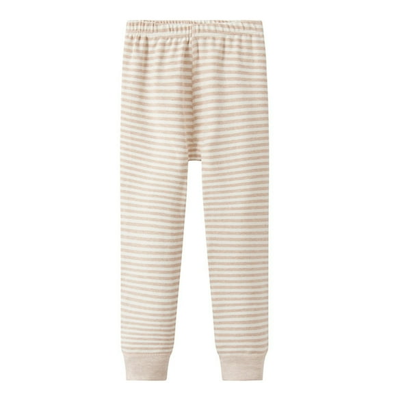Lenpel Children's Cotton Pajama Pants Unisex Girls Boys Fleece Warm Elastic Waist Striped Sleep Pants Lounge Pj Bottoms(Khaki,6-7 Years)