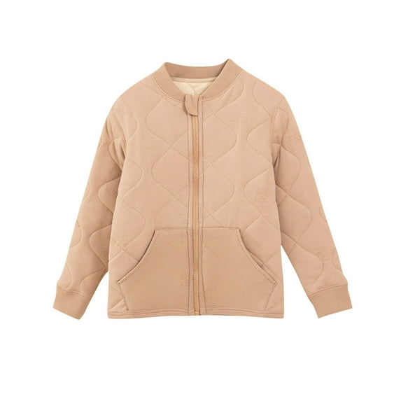 Lenpel Children's Fleece Jackets Boys Girls Cotton Long Sleeve Zip up Crew Neck Quilted Jackets Warm Outwear Coats with Pockets(Khaki,3-4 Years)