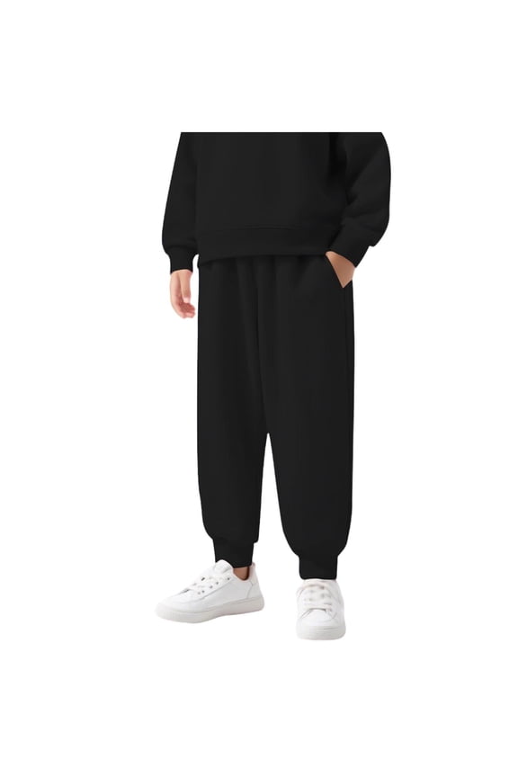 Children's Fleece Lined Sweatpants Girls Boys Cotton Elastic Waist Pull on Athletic Casual Pants Baggy Winter Warm Joggers(Black,7-8 Years)