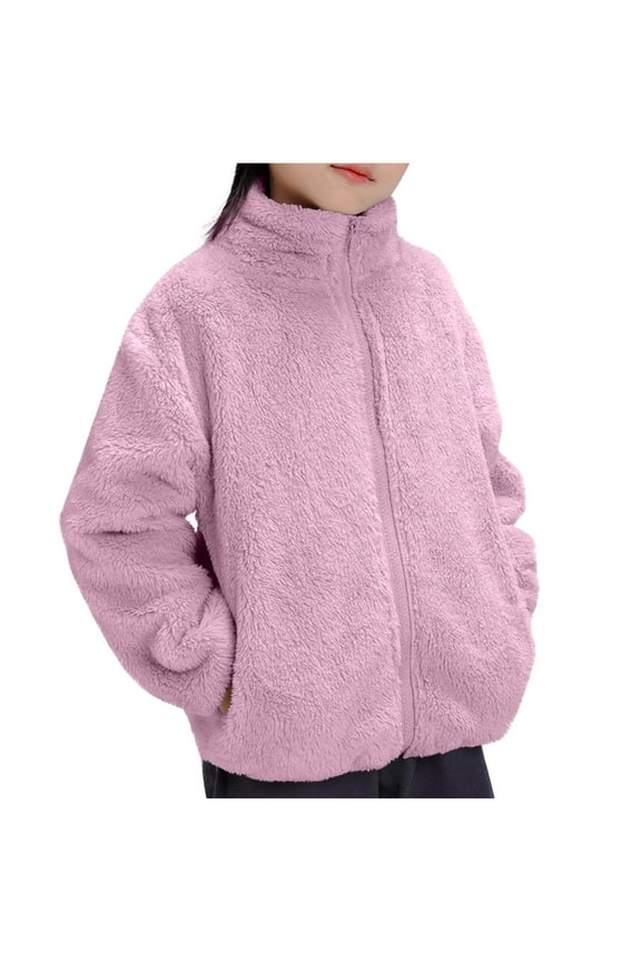 Children's Fuzzy Fleece Jackets Girls Boys Long Sleeve Zip up Mock Neck Plush Warm Jackets Toddler Outwear Coats with Pockets(Purple,8-9 Years)