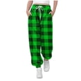 thumbnail image 1 of Lenpel Children's Jogger Pants Girls Boys Elastic Waist Drawstring Plaid Cinch Bottom Workout Lounge Pants Athletic Casual Trousers(Green,13-14 Years), 1 of 6