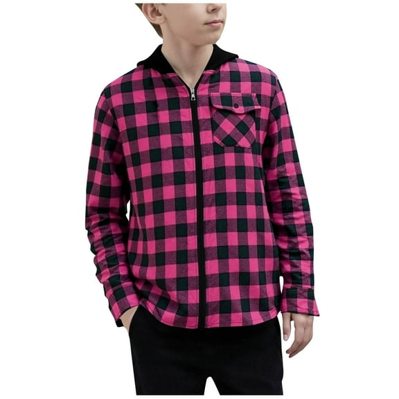 Lenpel Children's Plaid Shackets Boys Girls Long Sleeve Curved Hem Zip up Hooded Shirt Jackets Lightweight Outwear Coats(Hot Pink,4-5 Years)