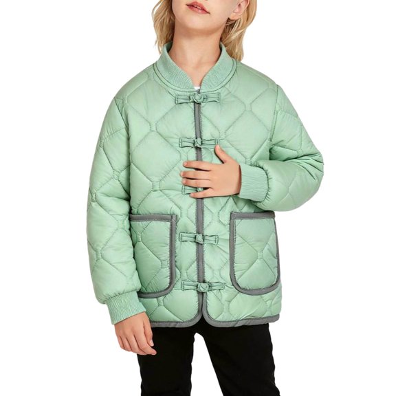 Lenpel Children's Puffer Jackets Toddler Girls Boys Long Sleeve Crew Neck Button down Quilted Jackets Warm Outwear Coats with Pockets(Green,5-6 Years)