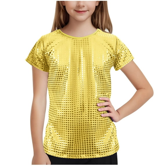 Lenpel Children's Shiny T Shirts Boys Girls Short Sleeve Crew Neck Glitter Sequin Tops Performance Dance Blouses 1-17 Y