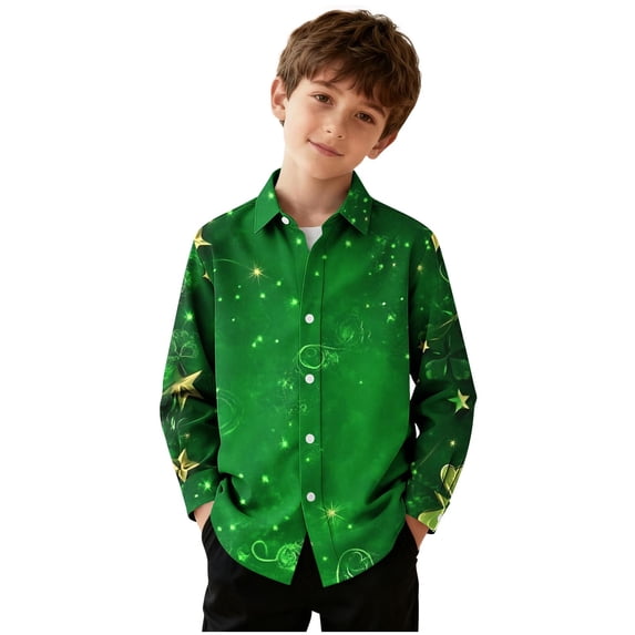 Lenpel Children's St. Patrick's Day Dress Shirts Girls Boys Long Sleeve Button down Collared Blouses Printed Casual Shirts(Army Green,15-16 Years)