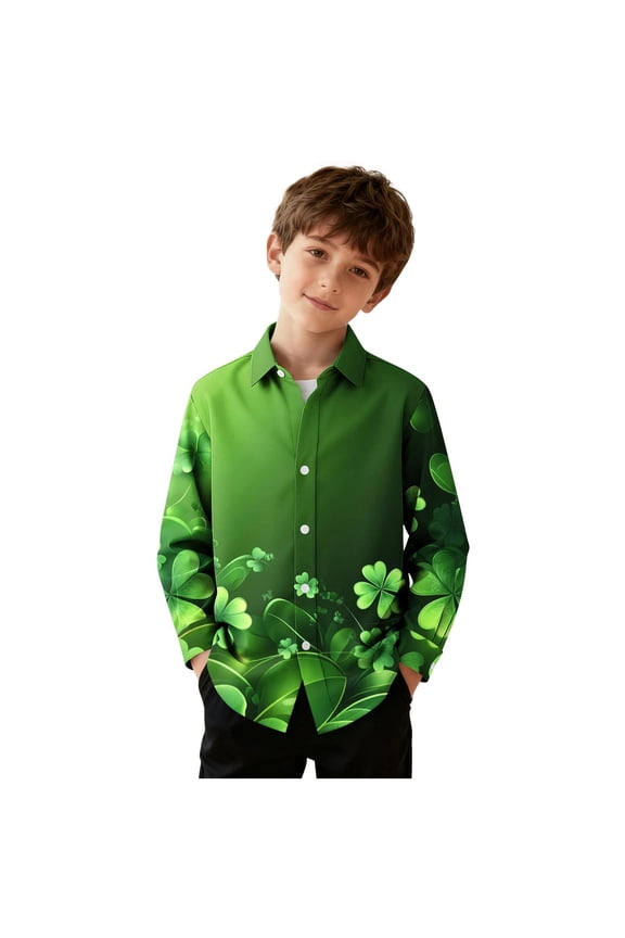 Children's St. Patrick's Day Dress Shirts Girls Boys Long Sleeve Button down Collared Blouses Printed Casual Shirts(Green,3-4 Years)
