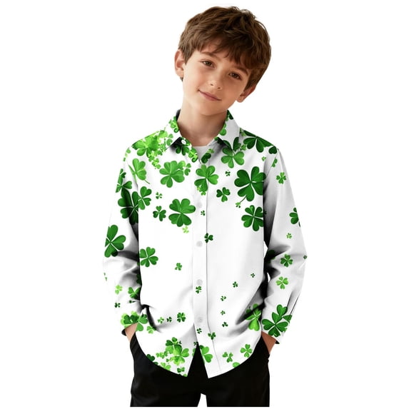 Lenpel Children's St. Patrick's Day Dress Shirts Girls Boys Long Sleeve Button down Collared Blouses Printed Casual Shirts(White,15-16 Years)